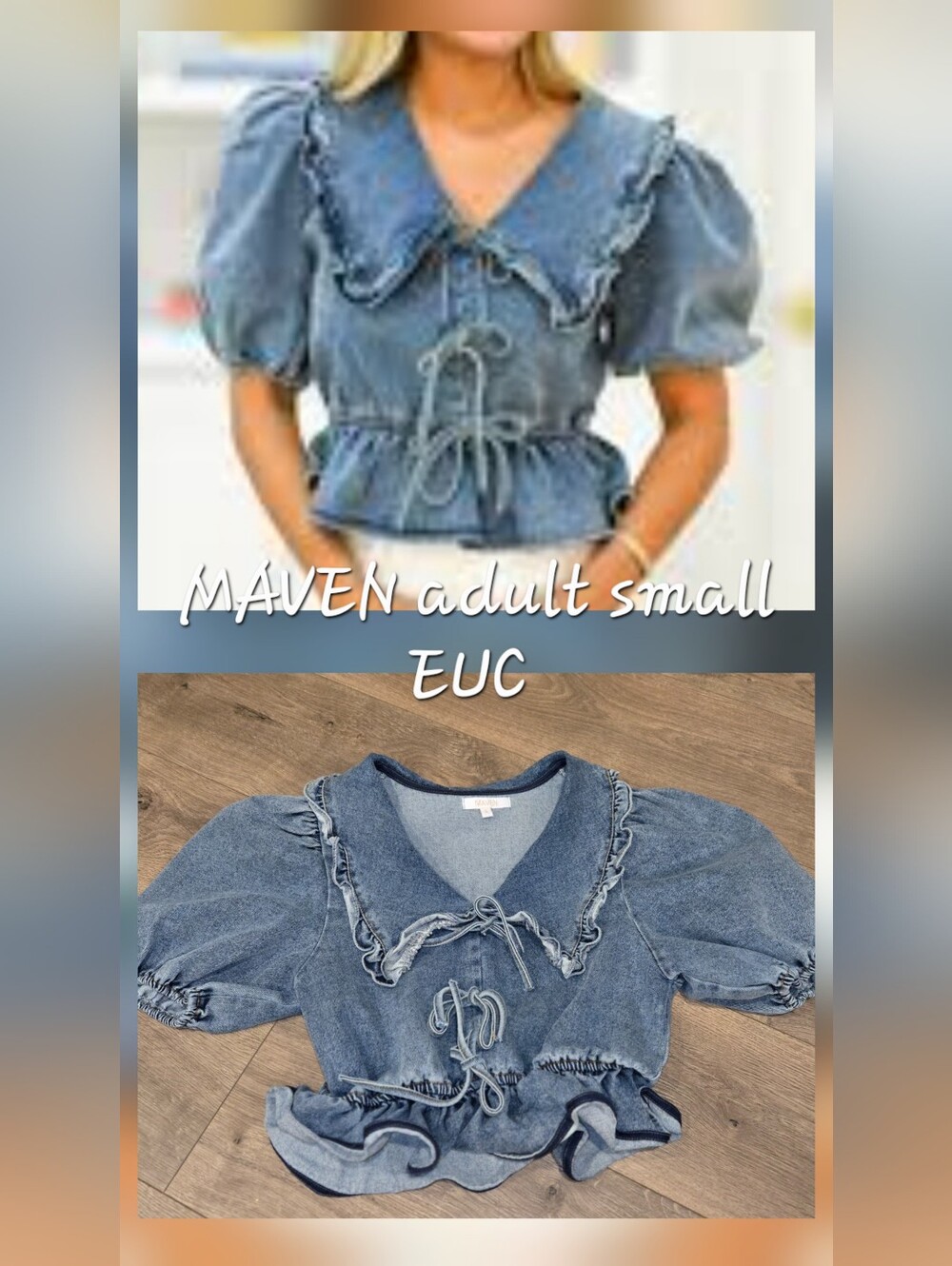 Denim Puff-Sleeve Peplum Top - Blue Small